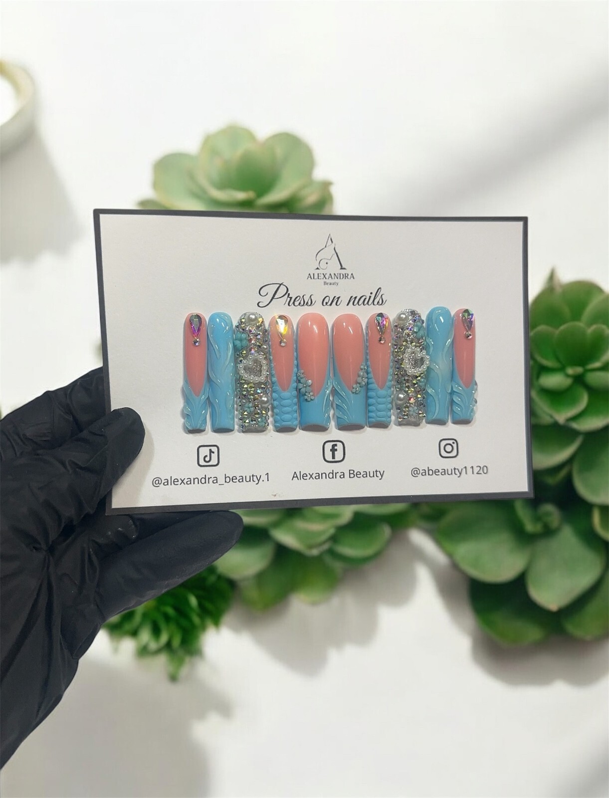 Custom press-on nails, handmade by a professional manicurist and spa gift kit.