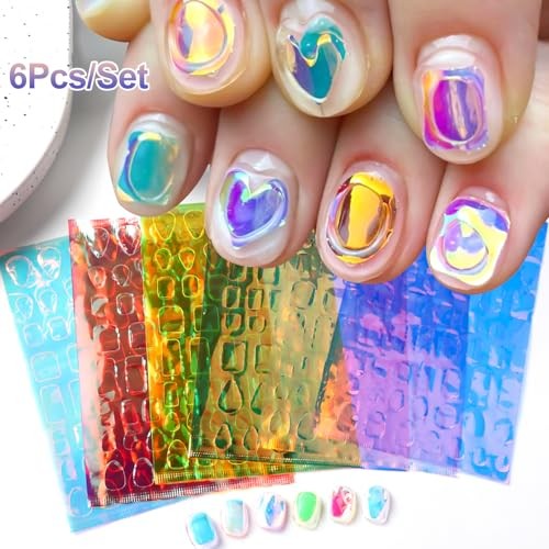 6PCS Aurora Glass Nail Foil Sheets Laser Nail Stickers 3D Reflective Mirror