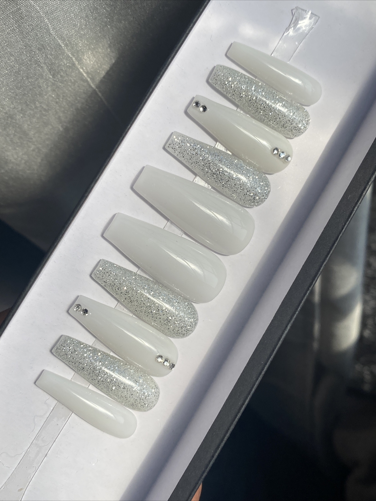 Luxury Gel Press On Nails, MILKY WHITE w/ BLING , Long Coffin, 10p W/ KIT