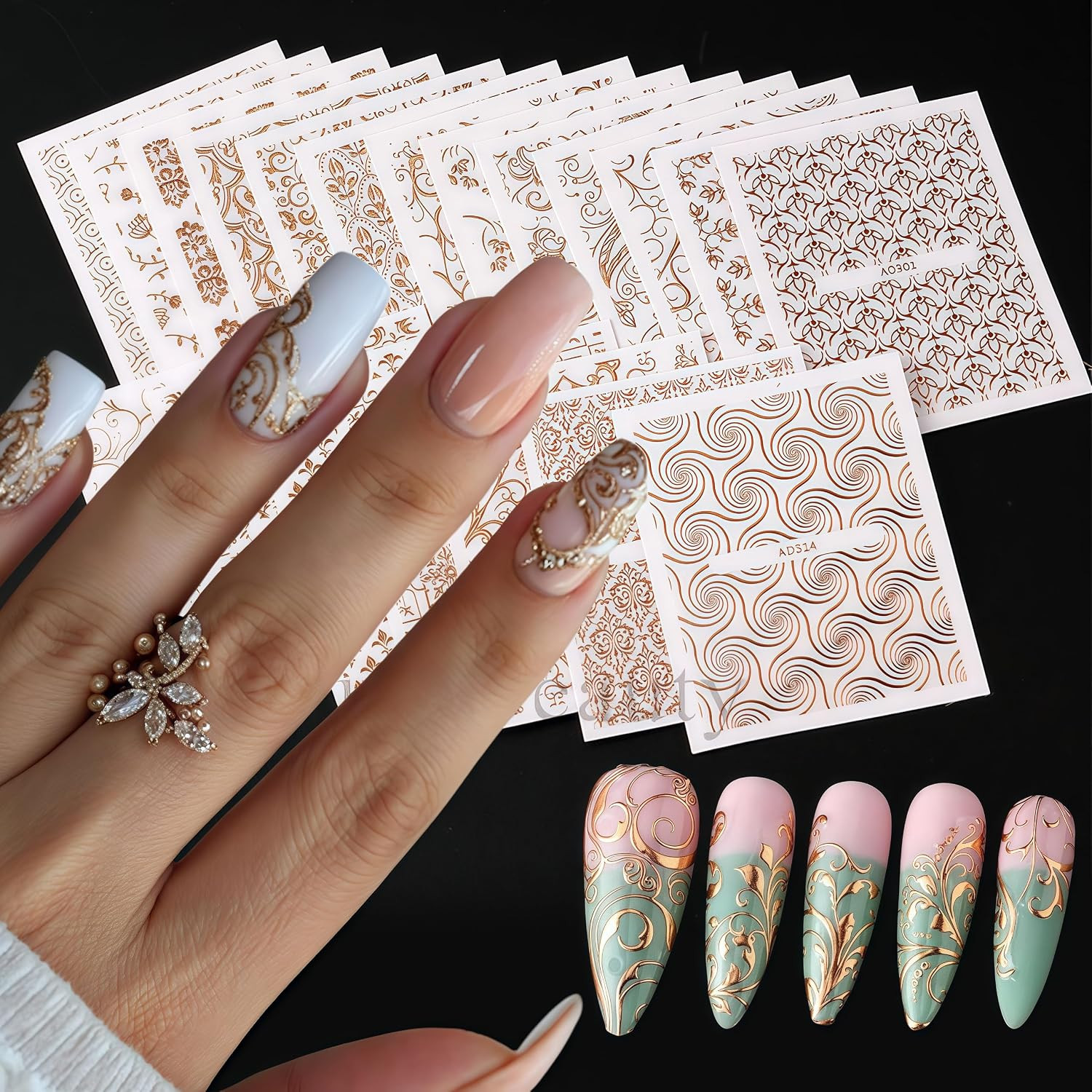 30 Sheets Lace Flower Nail Art Sticker 3D Self-Adhesive Hollow Rose Golden Lace