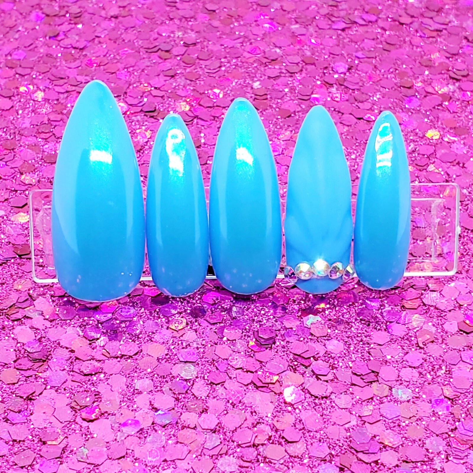 Aurora Chrome Soft Blue Seashell AB Rhinestone Press On Nails Handmade Hard Gel