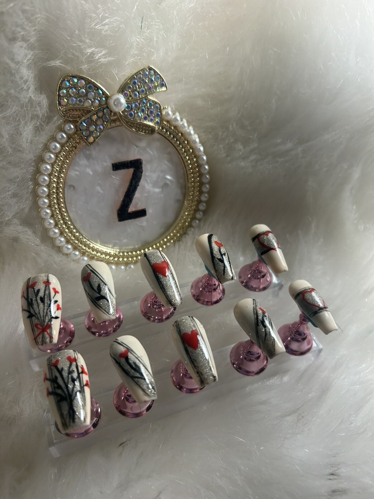 Z NAILZ! Handmade Beige M Coffin With Black/ Red Love Heart V Day Press On Nails