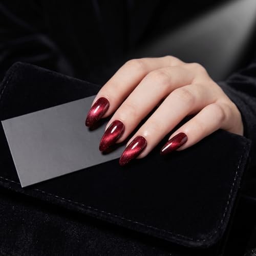 30Pcs Medium Almond Dark Red Cat Eye Press On Nails,Glossy Burgundy Style12