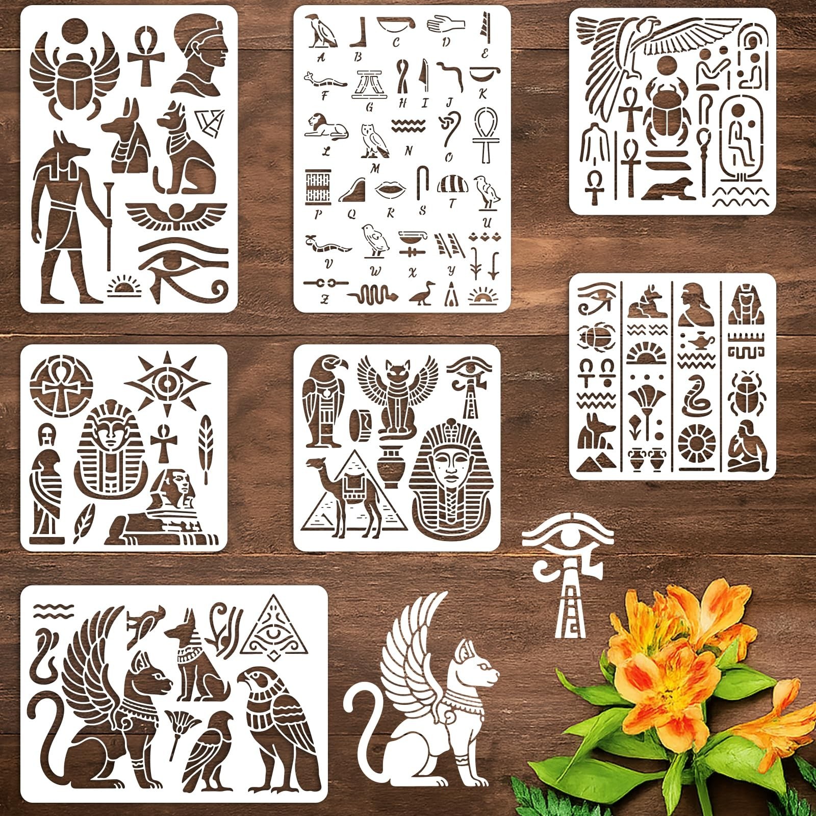 7Pcs Egyptian Hieroglyphs Stencil for Painting PET Templates Ancient Vintage …