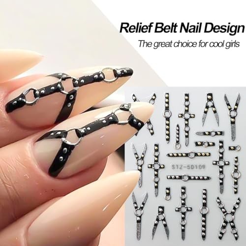 4 Sheets Black Punk Belt Nail Stickers Decals Goth Nail Charms 5D Embossed