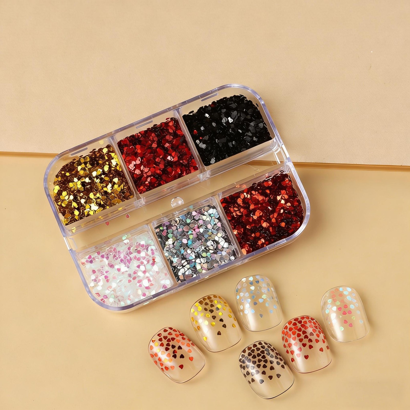 6-Grid Love Shape Sequin Kit Mini Heart Glitter for Nail Art Decoration & Crafts