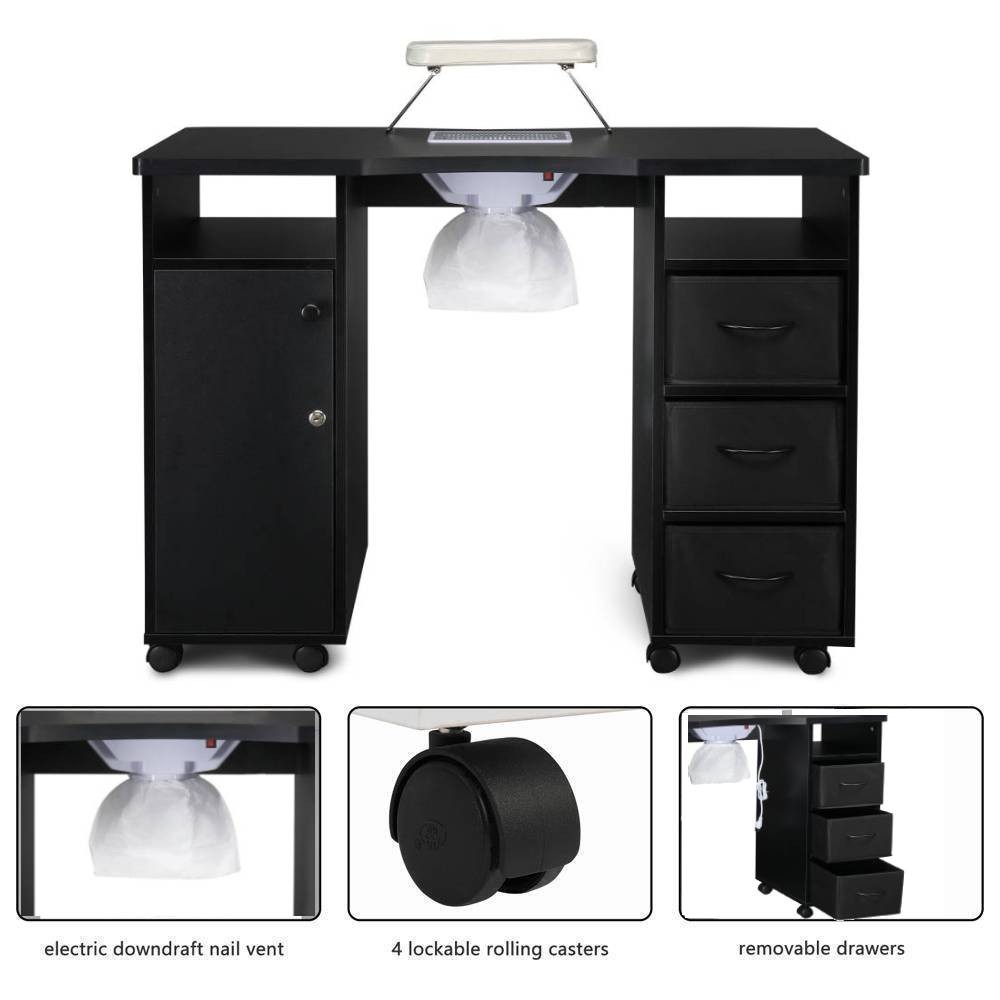Pro Manicure Table Nail Desk Beauty Salon Dust Collector Drawers+Wheel+Wrist Pad