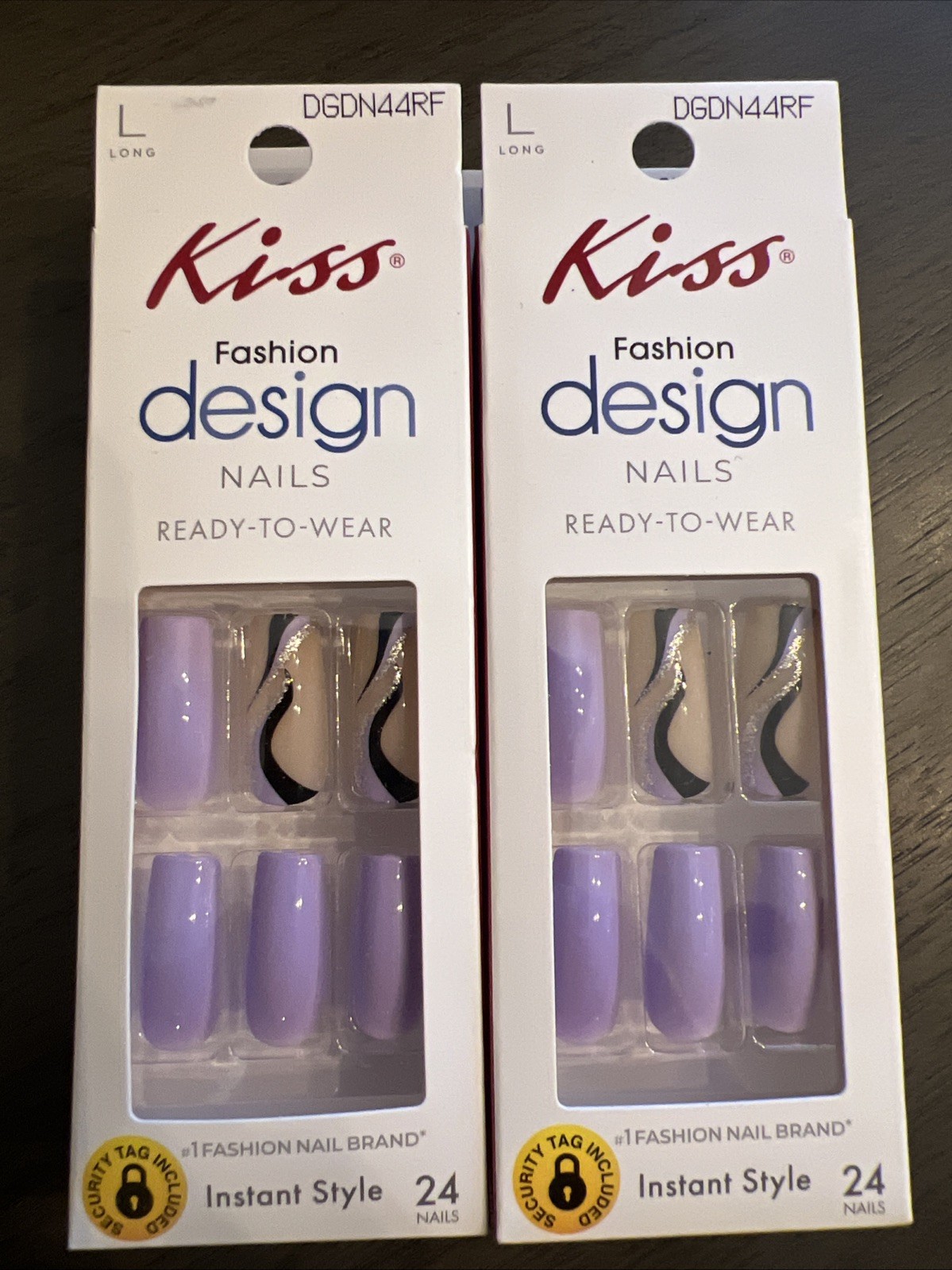 2x~Kiss Design Ready To Wear Glue Nail~Long~Square Shape~Lilac Purple Swirl