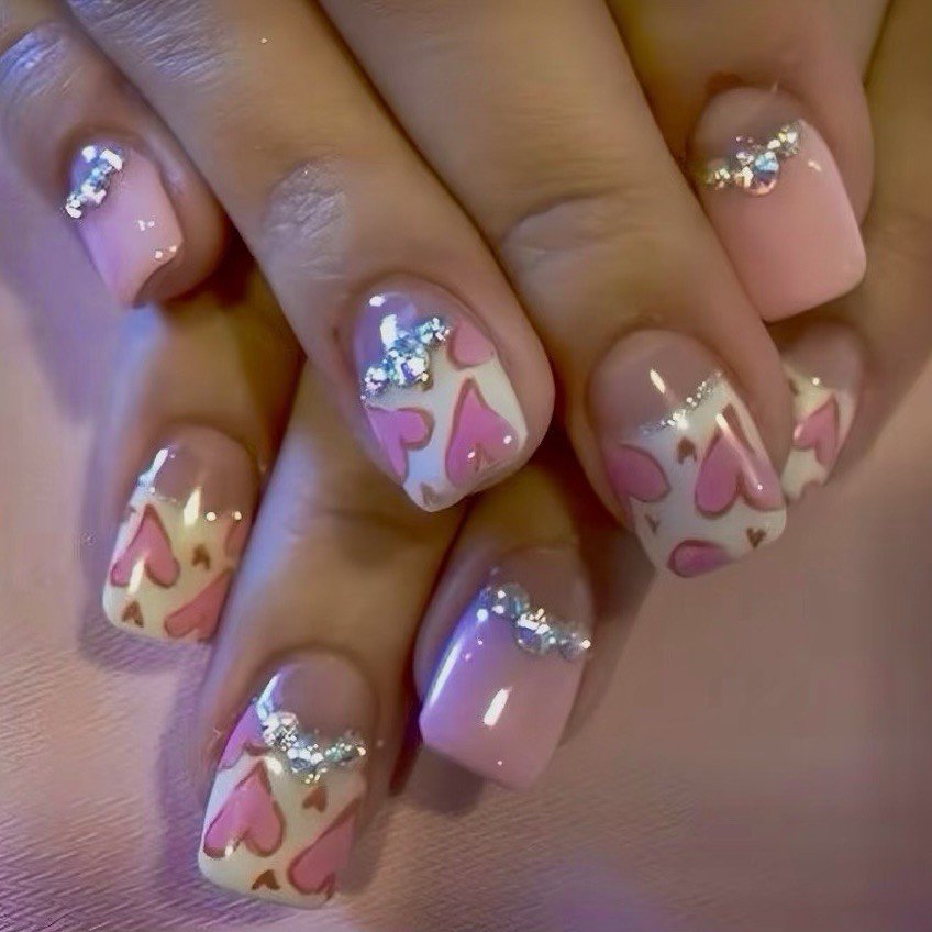 Short Square Press On Nails Nude Pink White With Rhinestone Accents Coquette