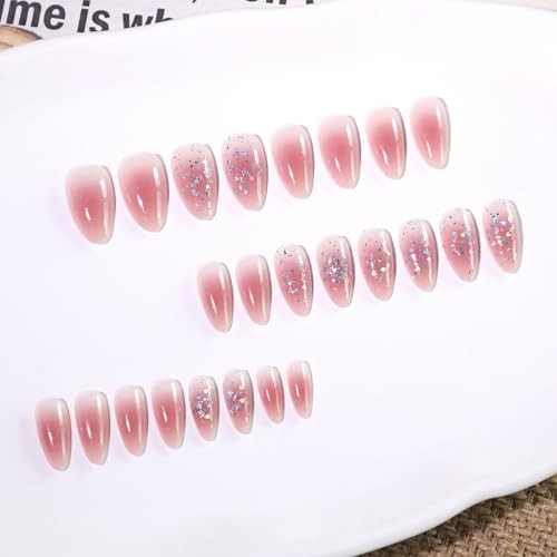 Cute Pink Glitter Press On Nails Almond Shape – 57-Tip with Pink Pearl Glitter