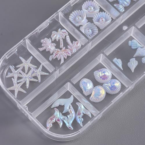 3D Summer Beach Nail Charms Resin Aurora Ocean Nail Rhinestones Shells Fishtail