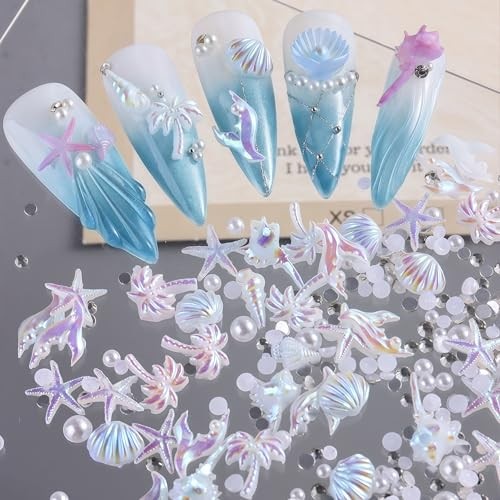 3D Summer Beach Nail Charms Resin Aurora Ocean Nail Rhinestones Shells Fishtail