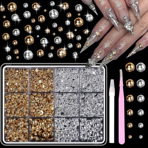 Silver Gold Flatback Pearls for Crafting, 6 Sizes (2-8 mm), 12 Grids, color-S3