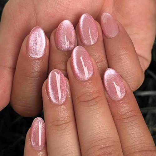 Pink Press on Nails – Short Almond Fake Nails – Glossy Cat Eye Acrylic – Style 8