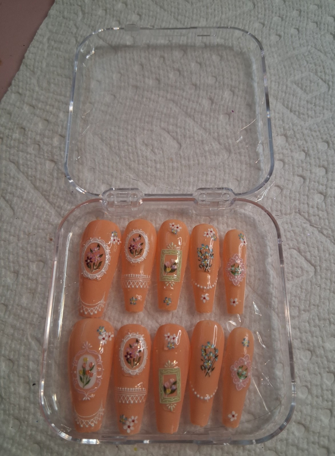 Orange White Green Pink Pre-Designed Press-On Nails Set Long Coffin 3D Floral