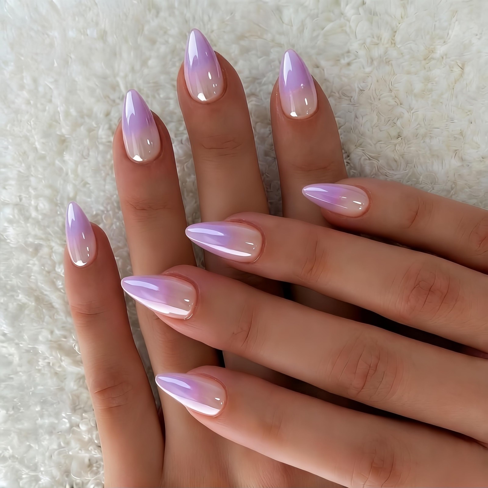 Chrome Ombre Lilac Press on Nails Short Almond, Shiny French Fake Nails with …