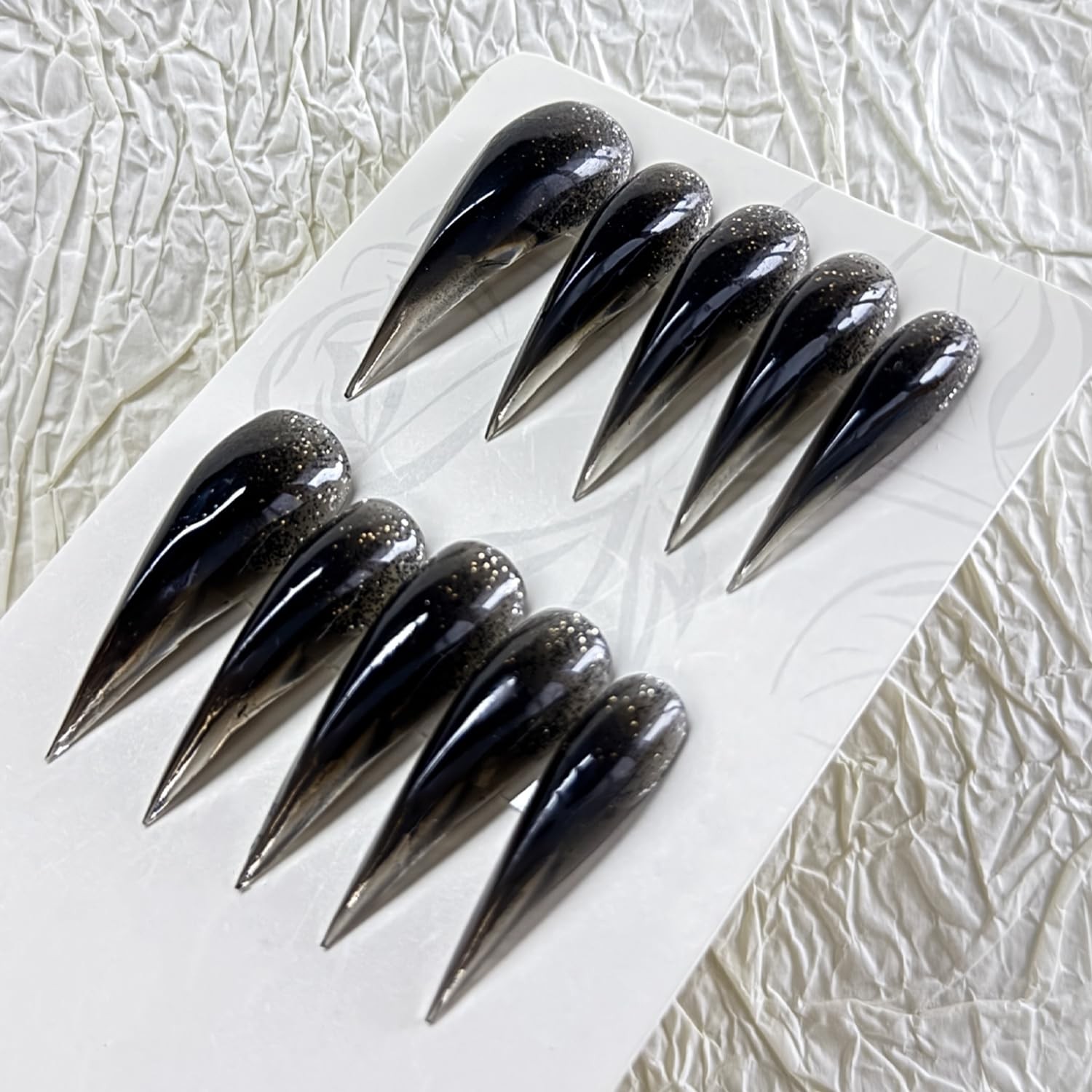 10 Pcs Glitter Handmade Press on Nails Transparent Black Long Dragon Claw Han…