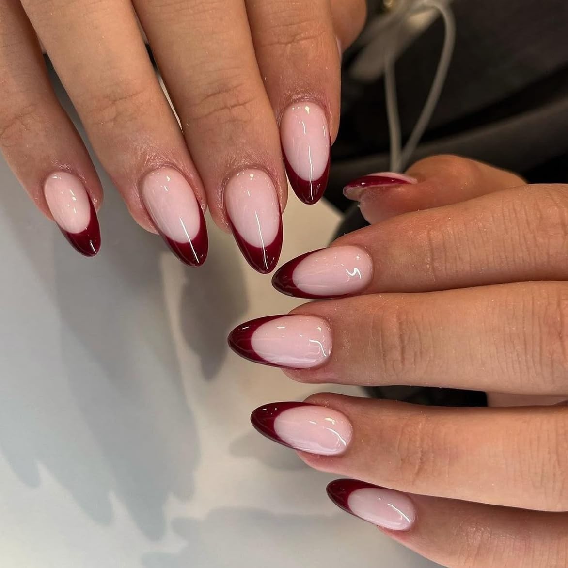 SXVME Dark Burgundy Red French Tip Press on Nails Almond Shape, Acrylic Fake …
