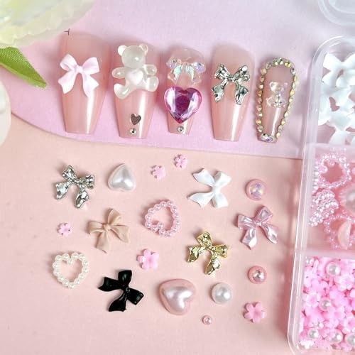 Gold Bow Nail Charms Kit, Cute Pink Flowers Bows 3D Nail Charms for Nails 01