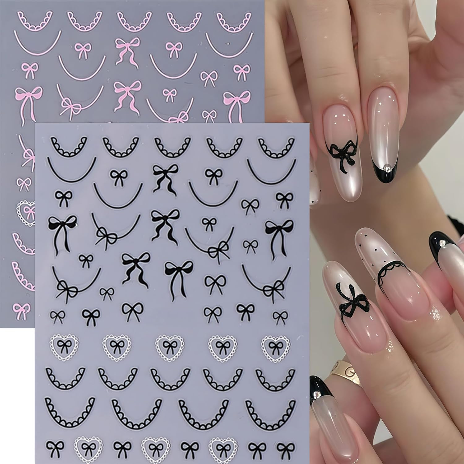 6Pcs Bow Nail Stickers Valentines Nail Decals Love-Heart Kawaii Lace Bow Tie Nai