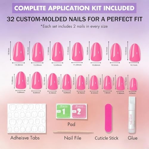 Chrome Press On Nails Short Oval, 32 Pcs Glazed Hot Pink Fake Nails hot pink