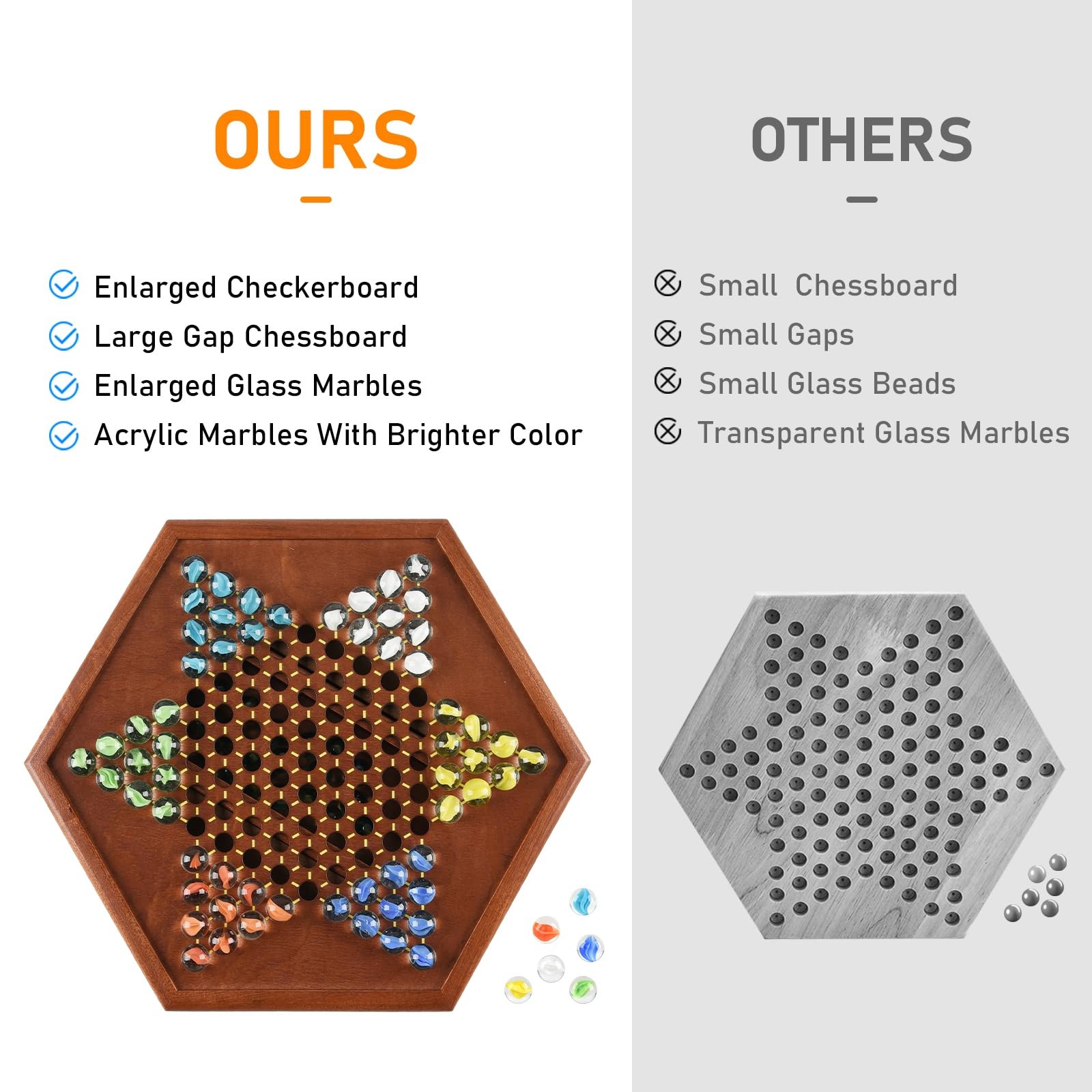 12.7 Inches Wooden Chinese Checkers x 11 x 1.6 inch, Glass Marbles