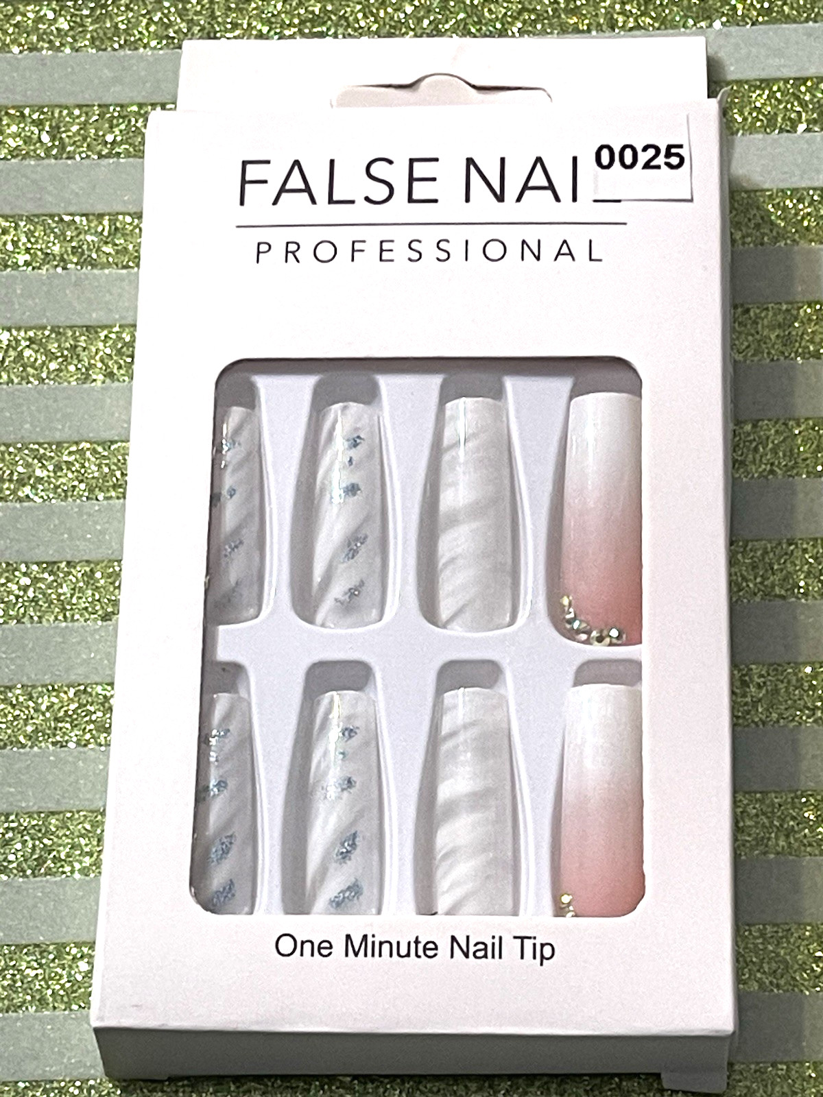 False Nail Professional NUDE & WHITE OMBRÉ with MARBLE DETAIL Press On Manicure