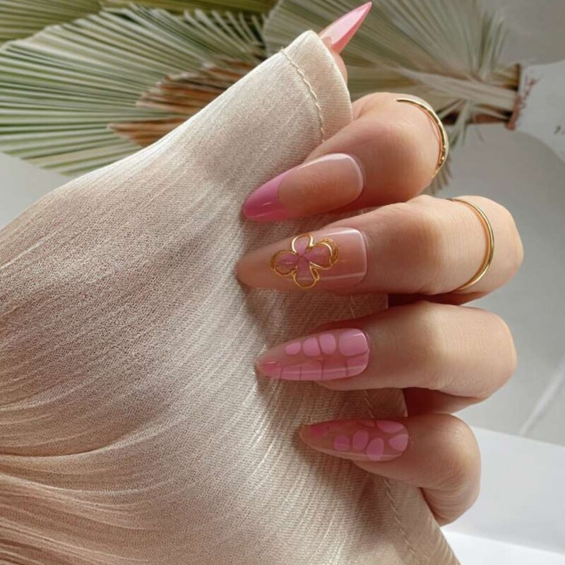 24 Pieces Medium Length Press On Nail with 3D Flower Artistic Designs False Nail