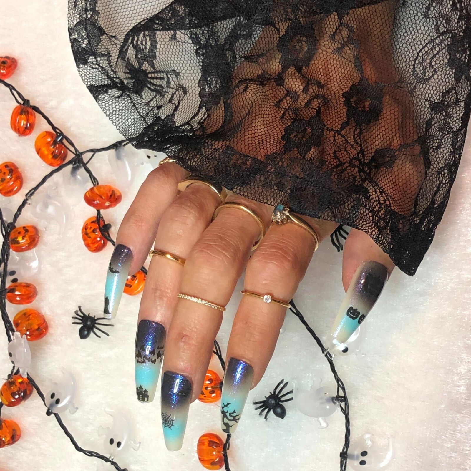 Blue Ombre Halloween nails- Press on nail set- Size 0-8, Ex-long Ballerina