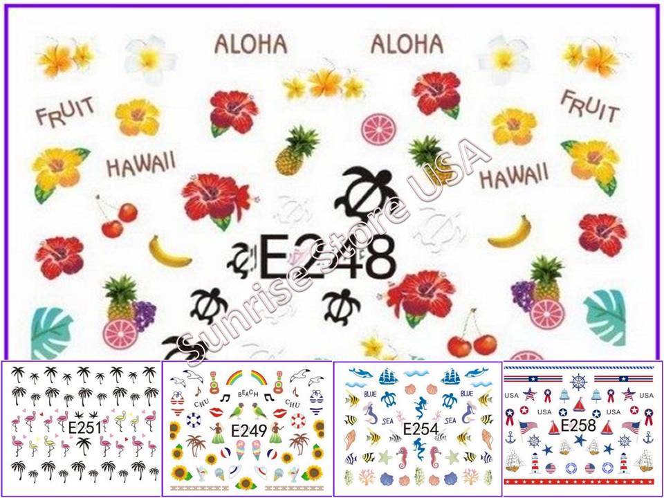 11 Designs 3D Nail Art Sticker Summer Aloha Palm Tree Bird Seashell Flag Decals