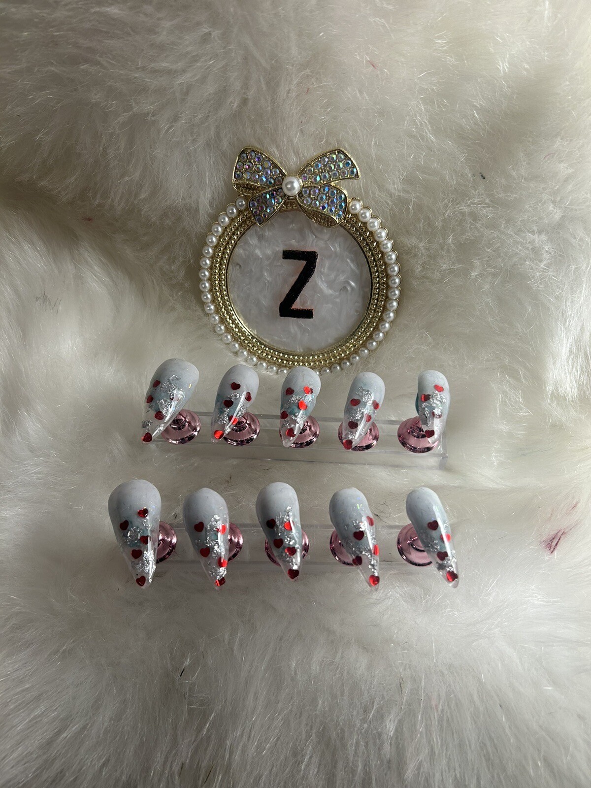 Z NAILZ! Handmade L Stiletto Set of Clear W/White Cuticle. Red Hearts Press Ons