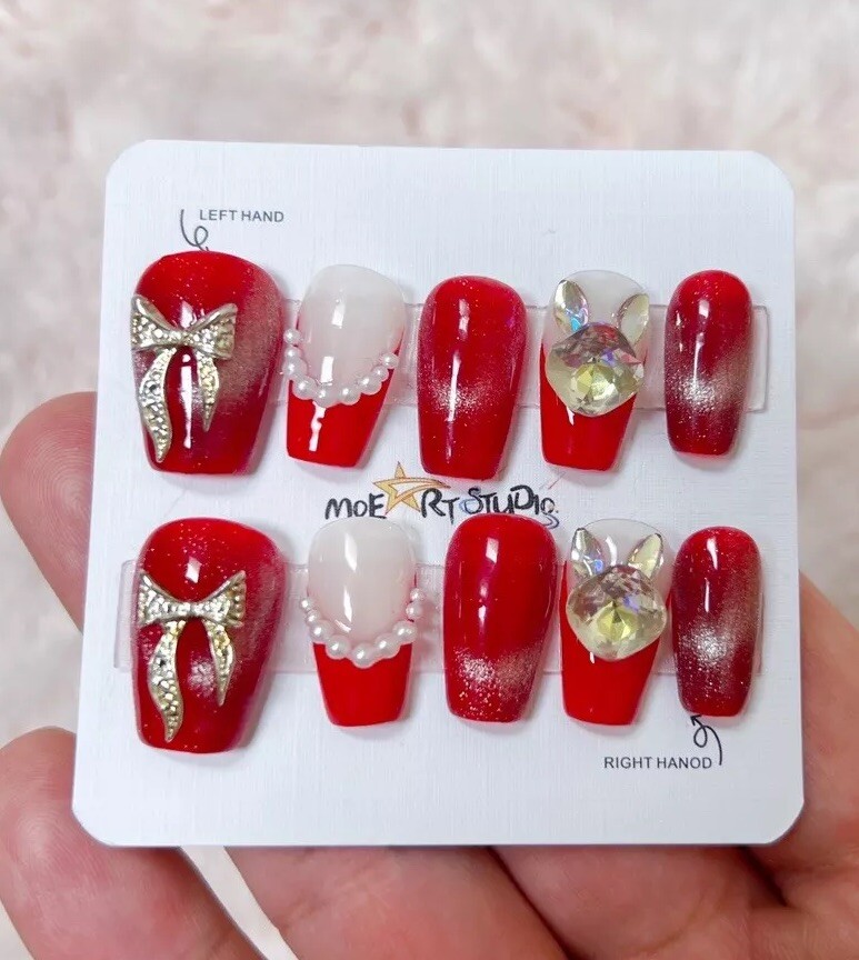 Nails Handmade press on nails 3D size M Bow Red