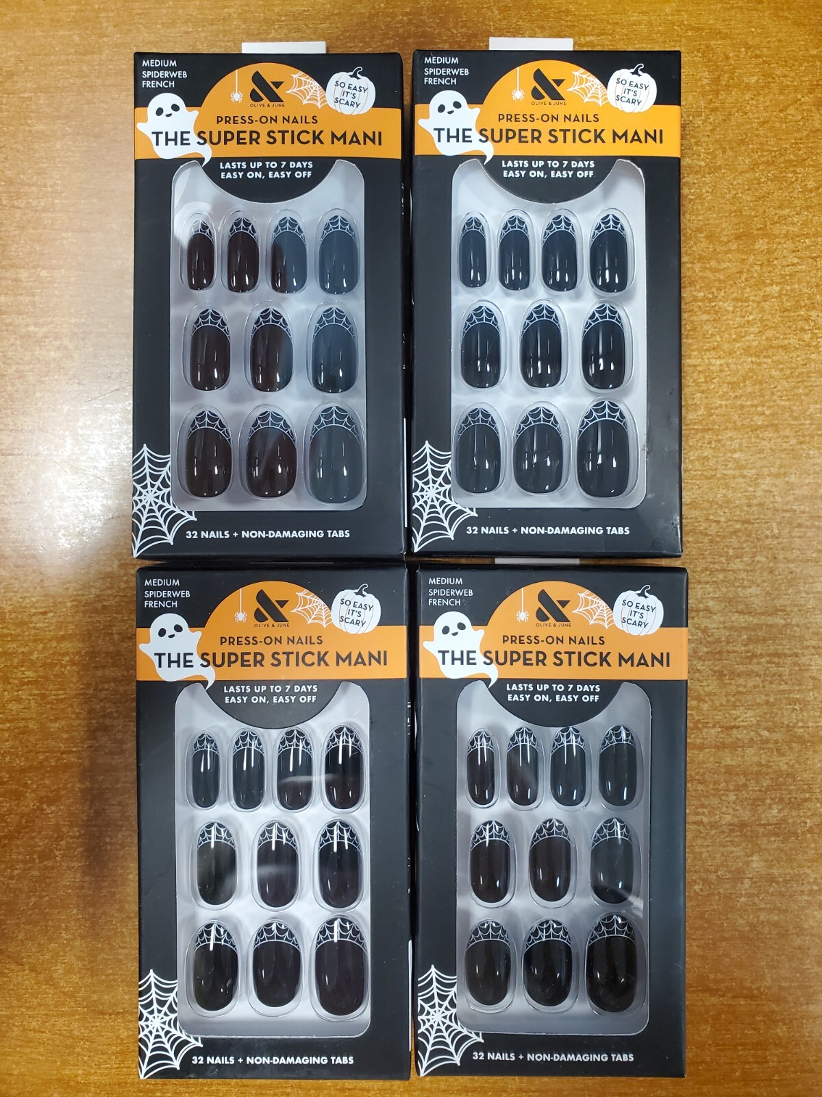 4 Pk: Olive & June Press On Nails Super Stick Mani Spiderweb French (9435) R9P6b