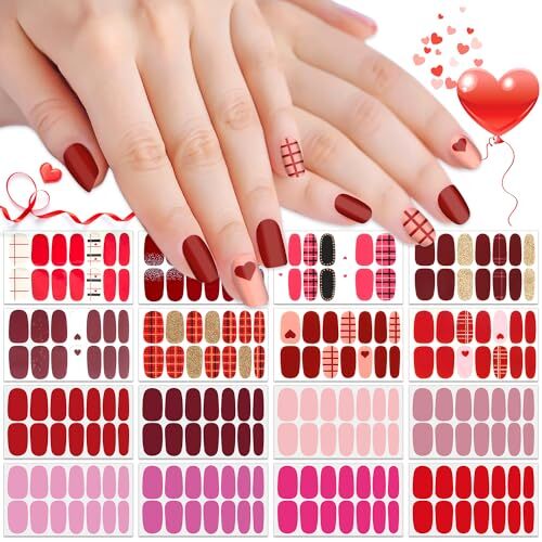 16 Sheets Nail Polish Strips Red Plaid Solid Color Nail Wraps Red&Pink Style