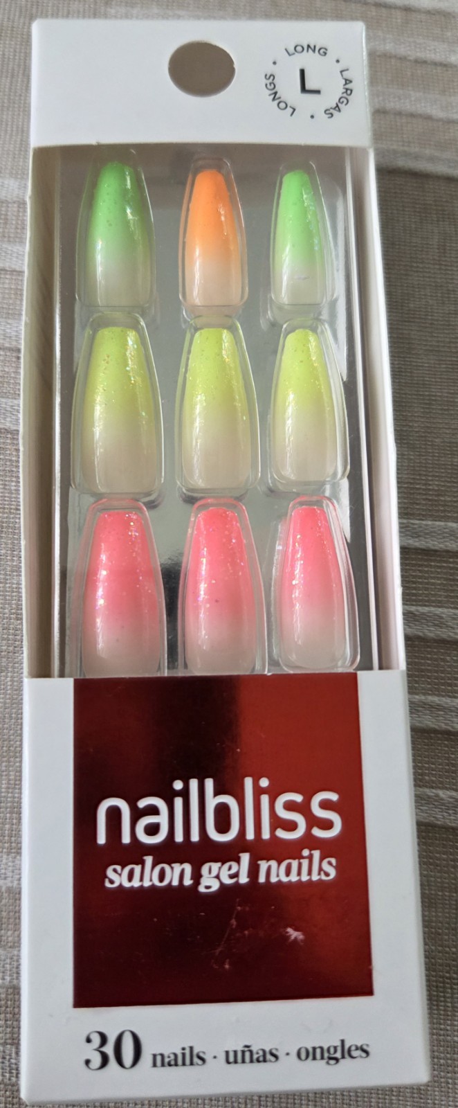 NAILBLISS GN 199 Rainbow Sprinkles, Salon Gel Nails, includes 30 nails and glue.