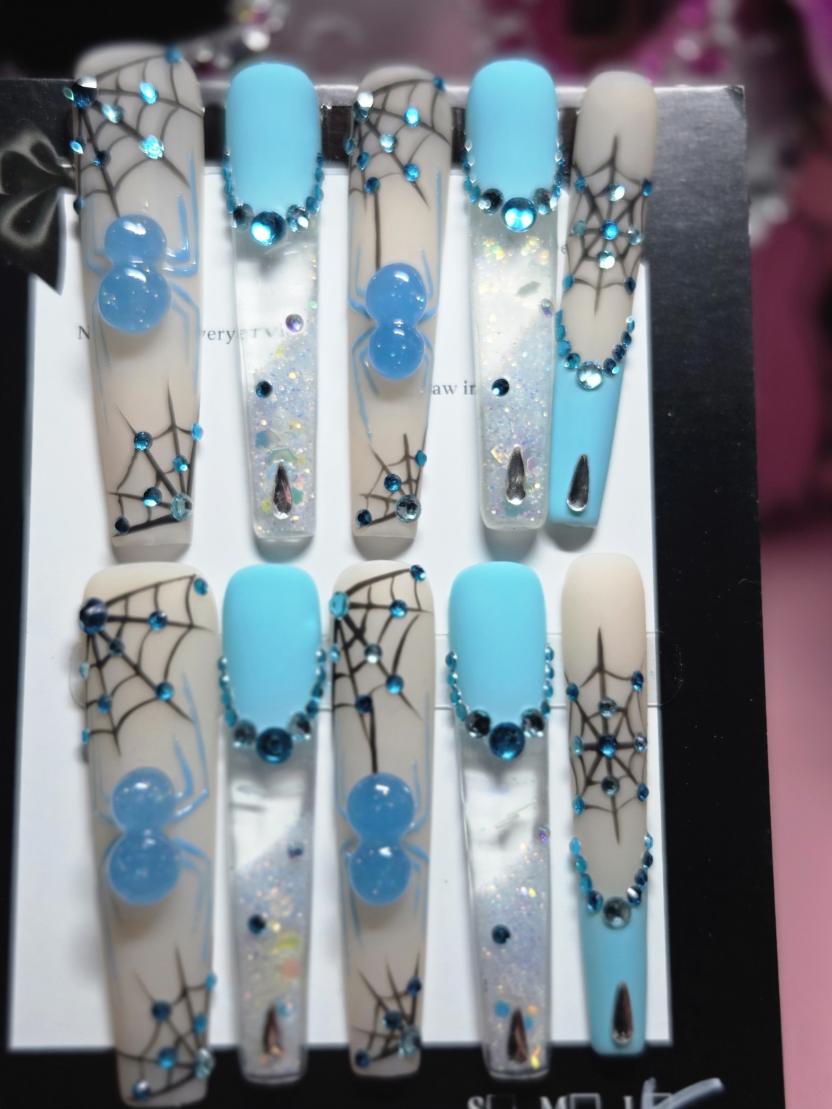 Press On Nails 2xl, Blue,halloween, Spider,water Aqua Nails, Glow N DARK