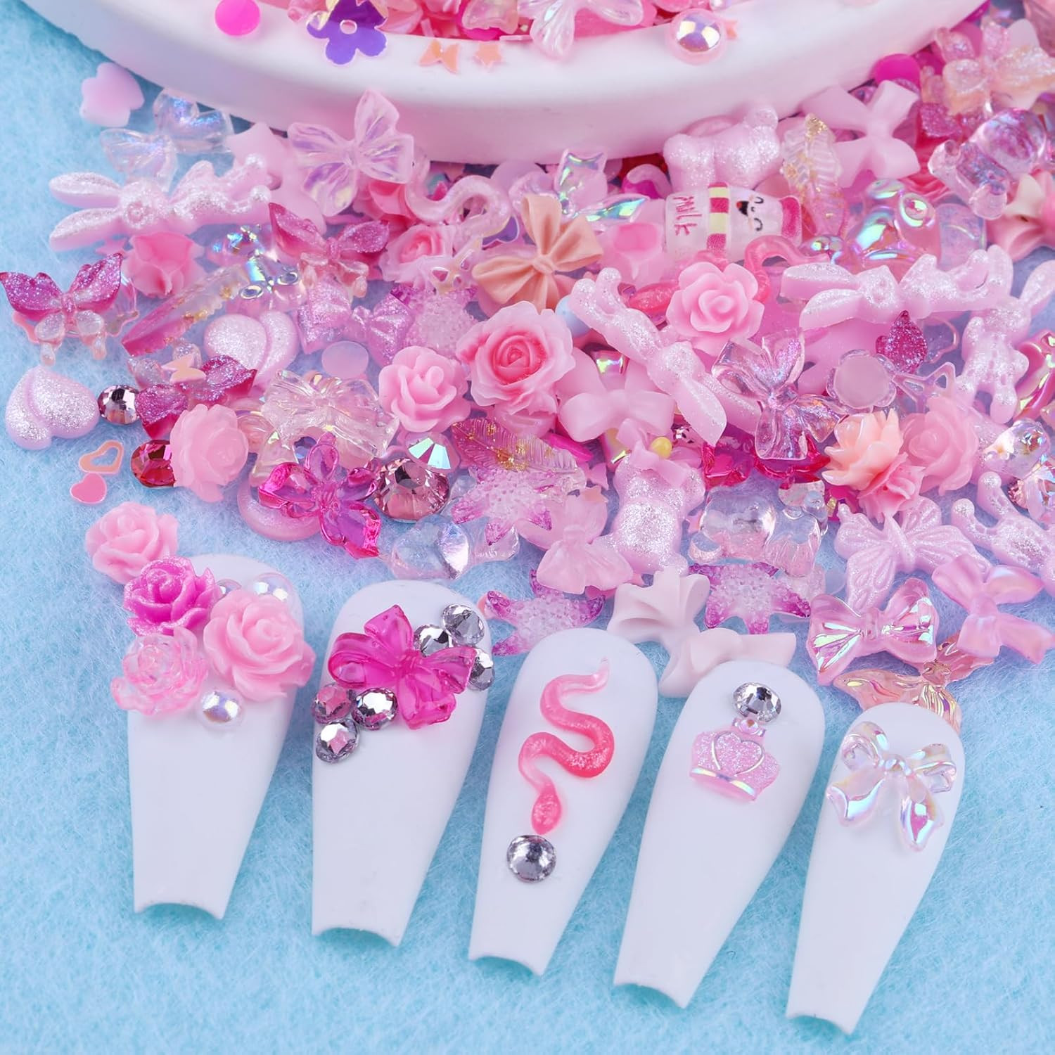 300Pcs Nail Art Charms Kit,Over 100Pcs Mixshape Resin Gems and 100 Pcs Mixed Fla