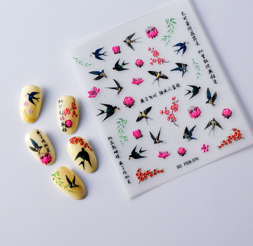 NAIL ART 5D Nail Swallow Birds Flower Nail Stickers Decoration NS54