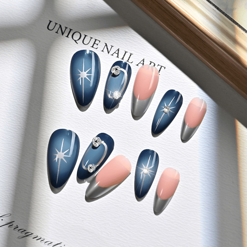 48pcs Almond Press on Nails, Blue Silver Ombre Star Rhinestone Elegant Nails