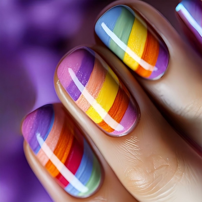 24 Pcs Rainbow Press On Nail Stripes False Nail Medium Square Acrylic Nail