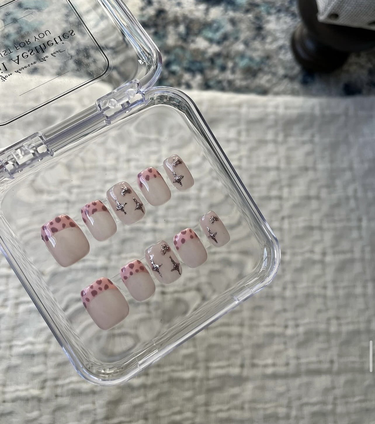 Short Square Press-On Nails Set, Multicolor Shiny Full Cover Pre-Designed Heart