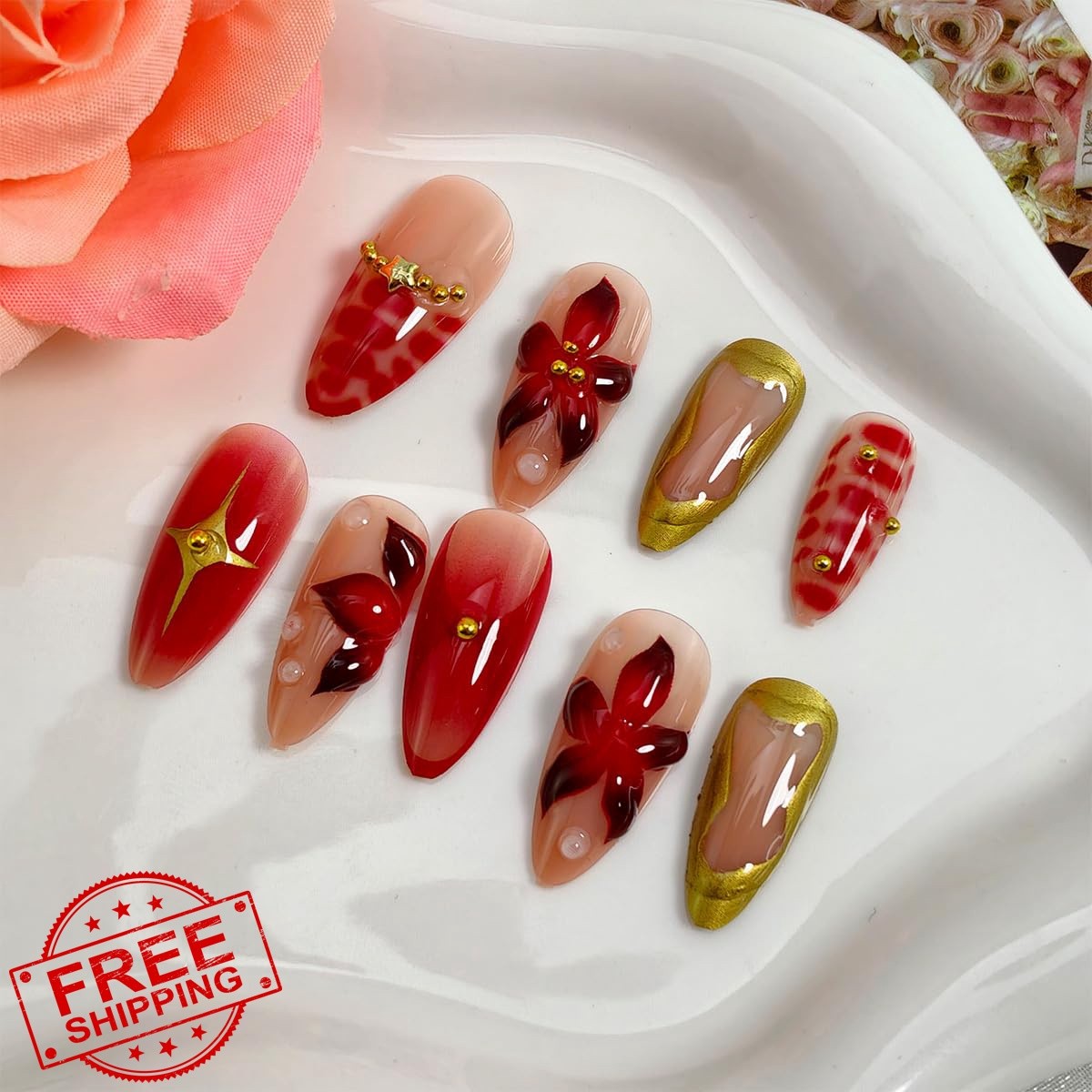 BMKKOT Flower Red Gradient Almond Fake Nails