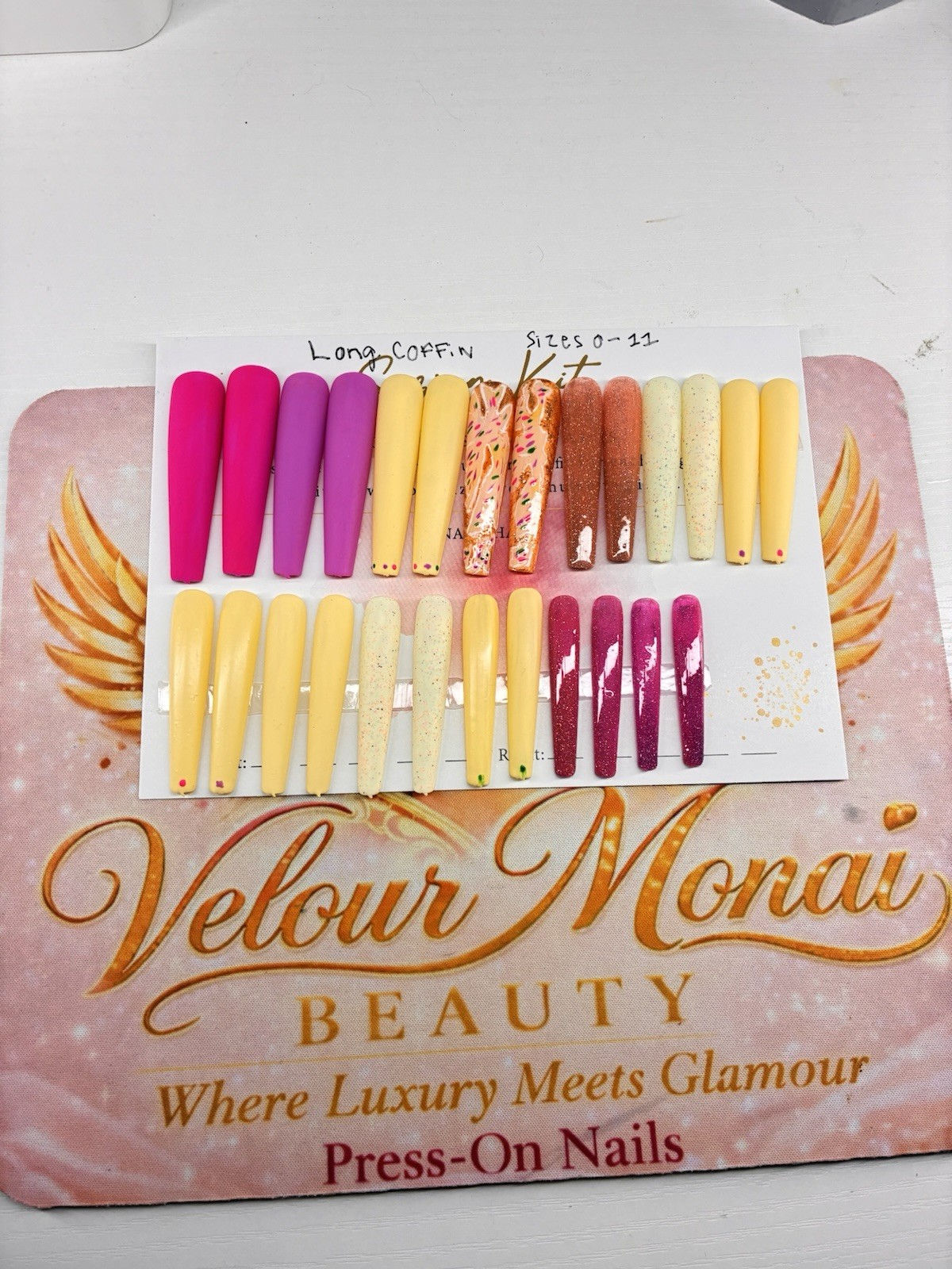 Long Coffin Press-On Nails Matte & Glossy Pink, Yellow & Glitter Sizes 0–11 Set