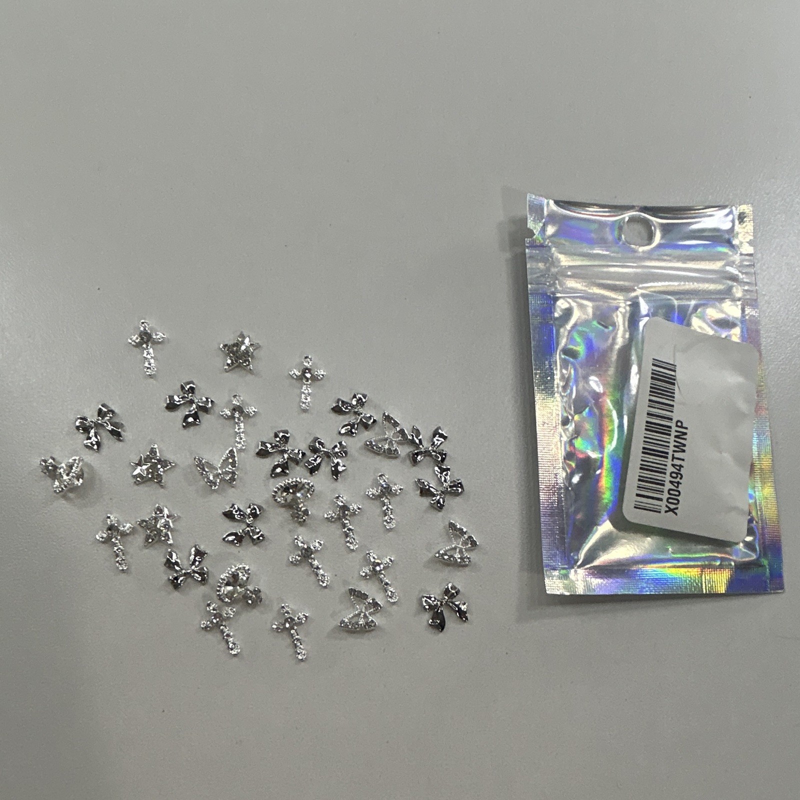 Silver & Clear Mixed Nail Art Charms Bow Cross Star Religious for Nail Tips