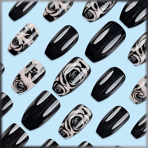 Rose Flower Press on Nails for DIY Manicure 24Pcs Glossy Black Rose Design 10