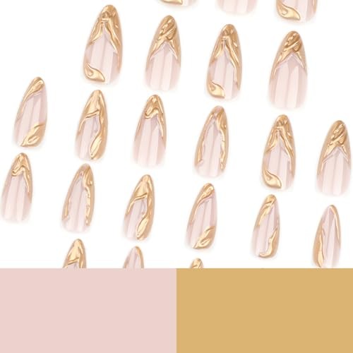 French Tip Press On Nails – Almond Shaped, 3D Wave 0.04 Fl Oz (Pack of 24) Gold