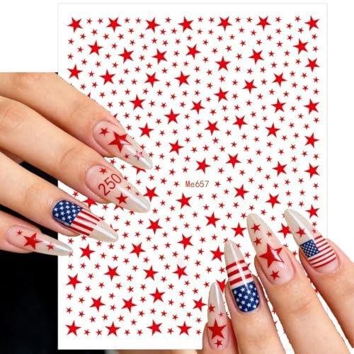 4th of July Nail Stickers – 6 Sheets Red White and Blue Star Nail Stickers 3D