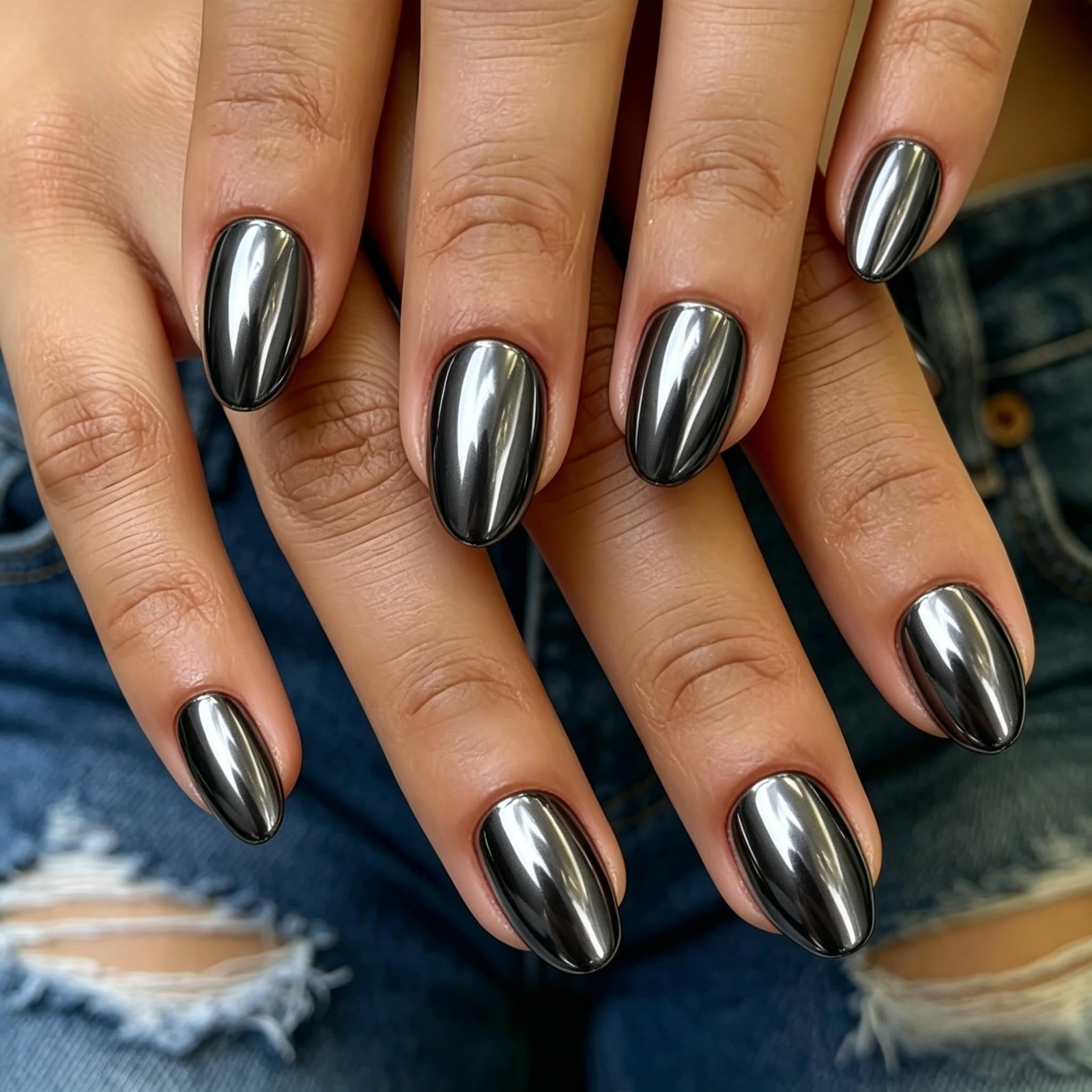 KXAMELIE Ash Black Chrome Press On Nails Short, Shiny Extra Short Almond Pres…