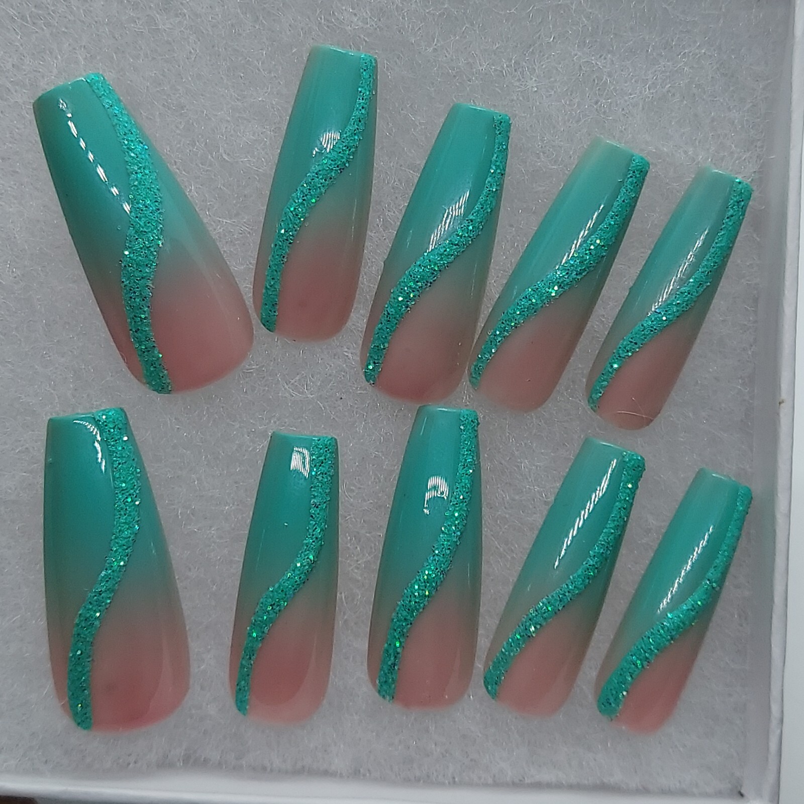 Ocean Beach Wedding Nails Teal Turquoise Glitter Sugar Swirl Press on Nails