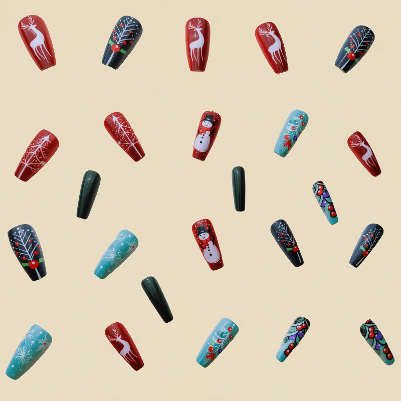 48P Long Coffin Press on Nails, Red Green Pine Deer Snowflake Fake Nails